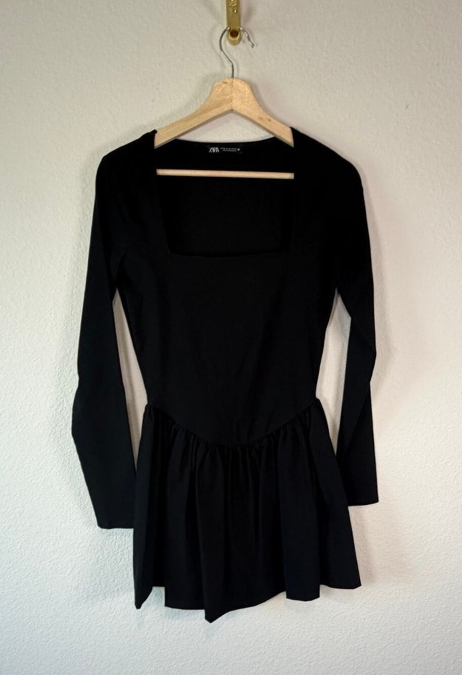Zara Black Square Neck Long Sleeve Drop Basque Waist Flared Mini Dress Womens M
